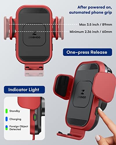 Zee Hoo 15 W Fast Wireless Car Charger with Auto-Clamping Phone Holder – Effortless One-Handed Operation for i Phone 15/14/13/12/11 Pro Max, Qi-Enabled Charging Mount in Sleek Black for Optimal Driving Convenience and Seamless Integration