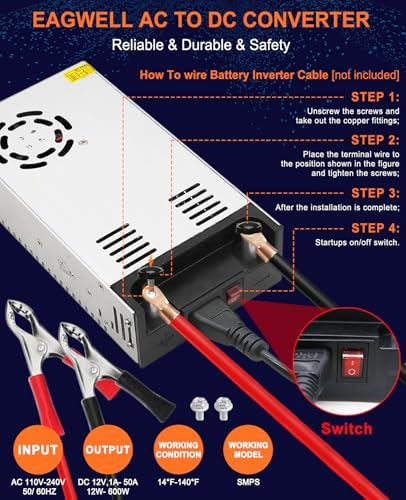 Eagwell 600 W 12 V AC to DC Power Supply Converter – High-Efficiency SMPS Adapter for RVs, LED Strips, and LCD Monitors – Reliable 50 A Output with Safety Features for Versatile Applications and Enhanced Performance