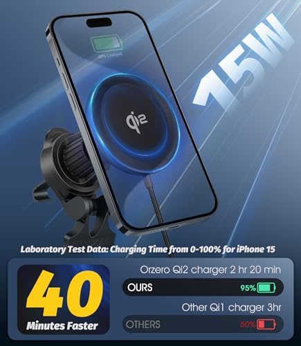 Orzero 15 W Qi2 Certified Wireless Car Charger – Magnetic Vent Mount for Samsung Galaxy S25 & i Phone 16/15/14/13/12 – Fast PD Charging with Secure Magnetic Hold – Sleek Black Design for Ultimate Compatibility and Performance