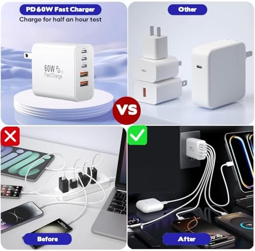 Power Up Your Devices with the i Phone 16 Fast Charger Block: 2-Pack 60 W USB Charging Adapter with 5 Ports and 6 FT Woven Cable for Rapid Charging of i Phone 16, i Pad Pro/Air/Mini – Enhanced Efficiency and Universal Compatibility for Multi-Device Charging