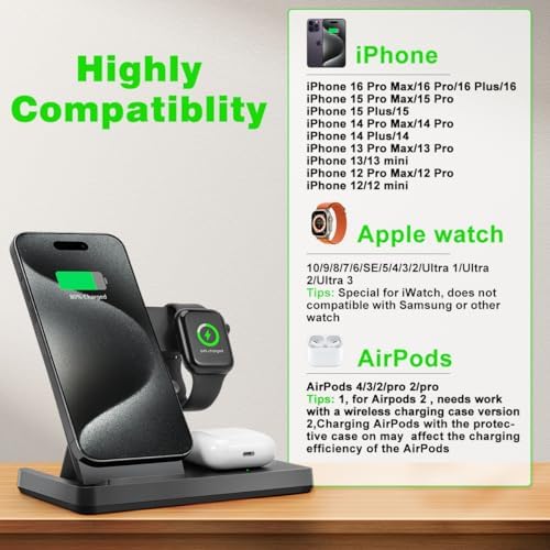 Revolutionary 3-in-1 Magnetic Wireless Charging Station for Mag Safe i Phone 12-16 Series, Effortless Charging Hub for Apple Watch (Series 2-10, Ultra, SE) & Air Pods (3, 2, Pro) – Rapid Charge Technology, Space-Saving Design, Ultimate Device Compatibility and Durability