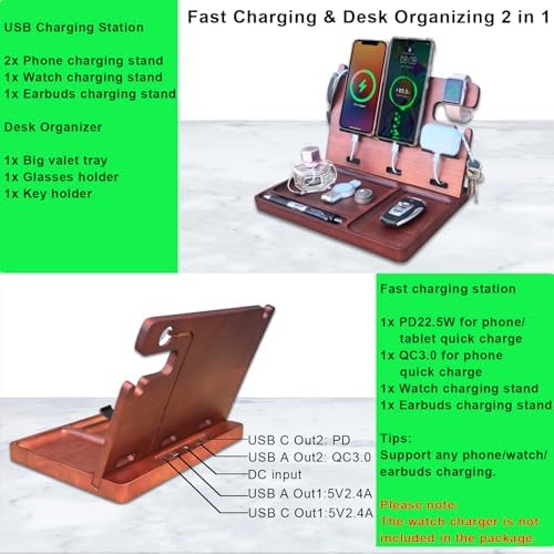 Wooden USB Charging Station for Multiple Devices – Fast Charging Dock with QC3.0 & PD 22.5 W Type-C for i Phone, Samsung, Google Android, Smartwatch, and Earbuds – Perfect Gift for Tech-Savvy Men – Stylish Organization & Enhanced Compatibility
