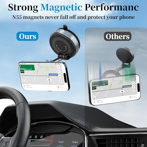 PlusAcc Vacuum Magnetic Phone Holder for Car – Suction Cup Phone Mount 360° Rotatable Foldable Portable Strong Magnet Stand for iPhone 16/15/14/13 in Gym, Mirror, Smooth Surface, All Vehicles – Enhanced Compatibility and Speed