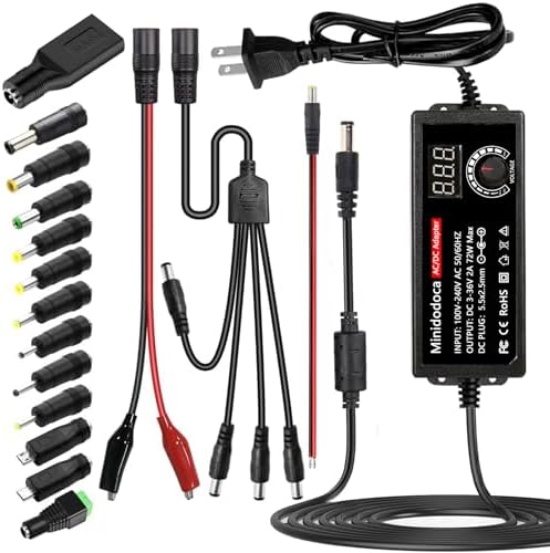 Universal 72 W Adjustable AC to DC Power Supply Adapter – Versatile 3 V to 36 V Converter with LED Voltage Display & 16 Interchangeable Tips for Efficient Household Electronics Charging – Ideal for Hobbyists and Professionals Seeking Optimal Performance and Portability