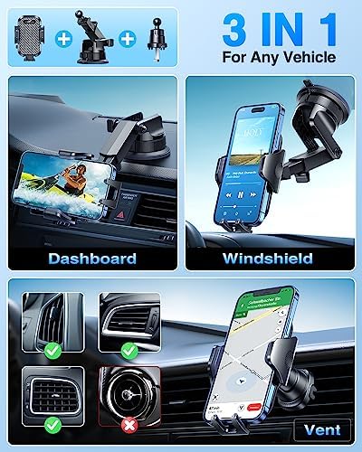 VANMASS Ace Car Phone Holder Mount – Upgraded Military Steel Hook & Super Suction Cup for Ultimate Hands-Free Navigation – Compatible with i Phone 14, 13, 12 Pro Max & Samsung – Versatile Dashboard, Windshield & Air Vent Stand for Enhanced Driving Safety