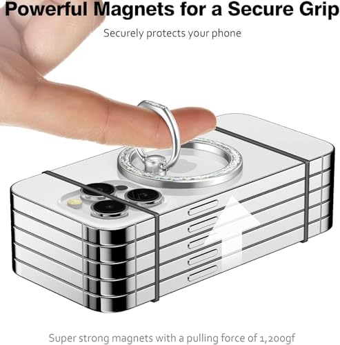Allengel Bling Silver Magnetic Phone Grip – Stylish Mag Safe-Compatible Ring Holder & Kickstand for i Phone and Smartphones – 360-Degree Rotation, Secure Grip, and Elegant Design for Effortless Hands-Free Experience