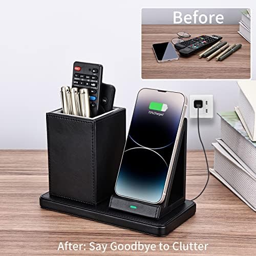 Sleek Marble Finish Wireless Charging Station with Desk Organizer – Fast Qi-Certified Charger for i Phone 13/12/11 Series, Effortless Device Power-Up & Luxurious Leather Accents for an Organized Workspace
