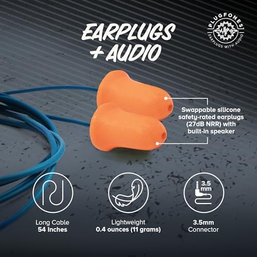 Plugfones Basic Earplug Headphones – OSHA Compliant Noise-Reducing Earbud-Earplug Hybrid with 27 d B Sound Dampening, Comfortable Orange Foam Design for Work Safety and Audio Enjoyment, Enhanced Device Compatibility for Seamless Listening in Noisy Environments
