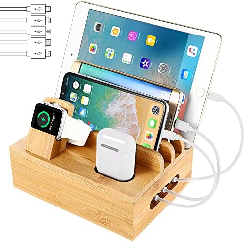 Eco-Friendly Bamboo Multi-Device Charging Station – Sleek USB Dock with 5 High-Quality Cables for Smartphones, Smartwatches & Tablets – Chic Organizer for Home & Office Efficiency