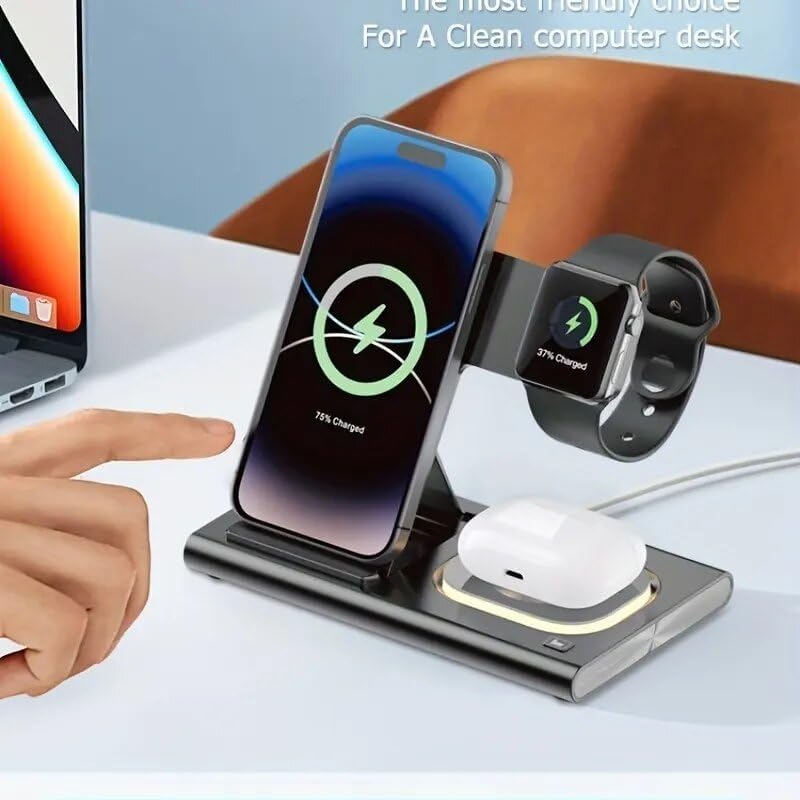 Ultimate 3-in-1 Foldable Wireless Charging Dock for Apple Devices with Built-In LED Night Light – Fast, Compact, and Stylish Charger for i Phone, Apple Watch, and Air Pods – Perfect for Home and Travel – Sleek White Finish for Modern Aesthetics and Organized Spaces