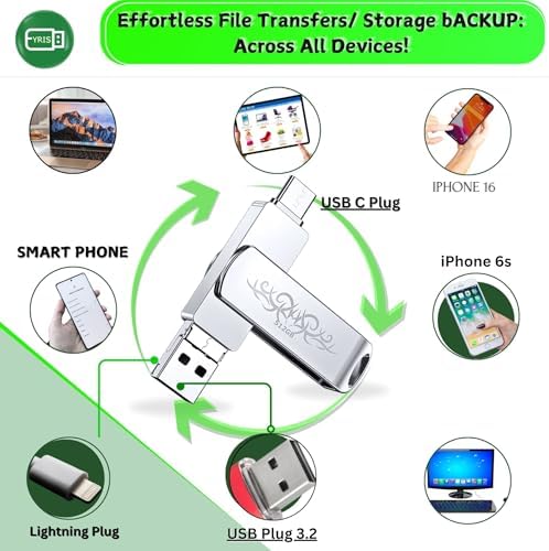 FYRIS 3-in-1 i Phone Flash Drive – 256 GB MFi Certified External Storage for Photos and Videos | USB, Type-C, Lightning Compatibility | Sleek Skull Design for i Pads, Galaxy Phones, Macs, and PCs | High-Speed Data Transfer for Effortless File Management