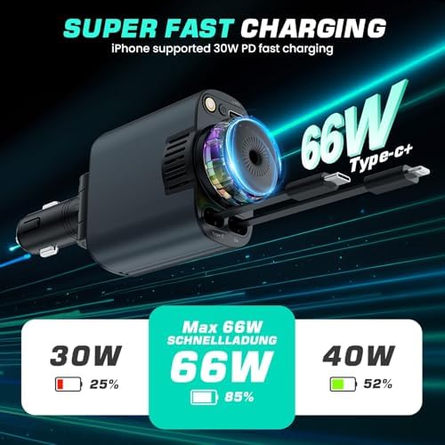 Transform Your Charging Routine with the 4-in-1 Retractable Car Charger Featuring Starlight Glow – 120 W USB-C Fast Charger Compatible with i Phone 16/15/14/13/12/11 and Android Devices, Tangle-Free Design for Effortless Use, Perfect Valentine’s Gift for Him or Her in Sleek Dark Grey