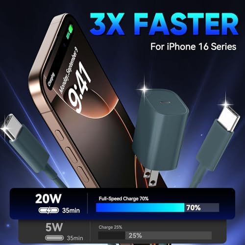 Unlock Rapid Charging Efficiency with the 20 W USB-C Power Adapter and 10 ft Cable – Ideal for i Phone 16, 15 Pro, and Galaxy S24 for Ultimate Portability and Convenience