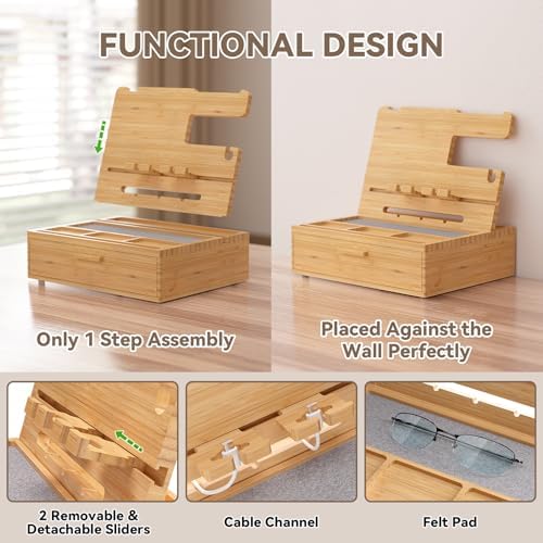 Pezin & Hulin Wooden Charging Station, Bedside Nightstand Tray, with Spacious Drawer, Felt Pads for Phones, Watch, Idea Gifts for Him Birthday, Son, Christmas for Papa Fathers Day – Enhanced Compatibility and Speed