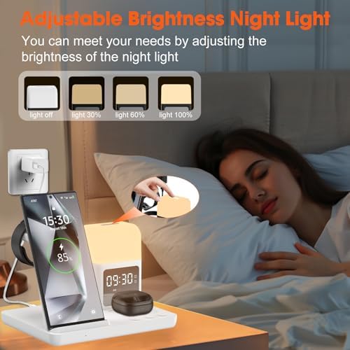 Ultimate 6-in-1 Wireless Charging Station for Samsung & Android: Fast Charger with Alarm Clock & Night Light for Galaxy S25 Ultra, S24, S23, and Samsung Watch7 – Space-Saving Design, Enhanced Compatibility, and Sleek Black Finish for Modern Living