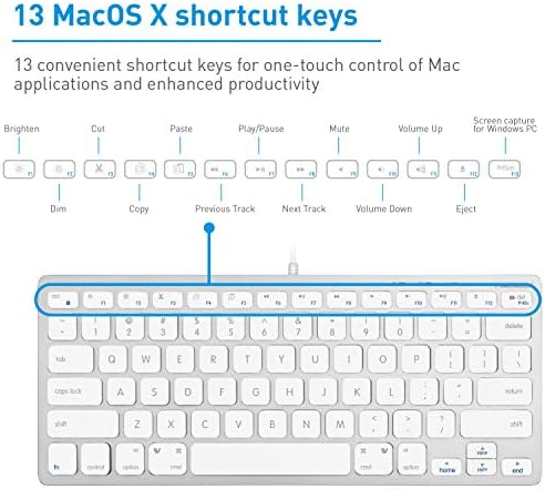 Compact Macally Wired Keyboard for Mac and Windows – Sleek USB Mini Keyboard with 78 Scissor Switch Keys – Effortless Plug and Play Design for Enhanced Typing Speed – Ideal Space-Saving Solution for Modern Workspaces – Durable Aluminum Finish for Long-lasting Performance and Style