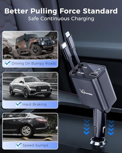 Ultimate Retractable Car Charger PT-27: 4-in-1 Fast Charging Adapter with Dual USB Ports & 31.5-Inch Cables for i Phone & Samsung – Compact, Tangle-Free Power Solution for On-the-Go Connectivity