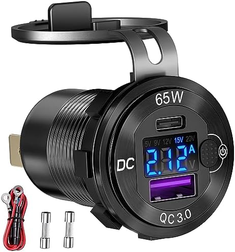 High-Powered 83 W 12 V USB C Car Charger with Smart Voltmeter – Ouffun 65 W PD3.0 & 18 W QC3.0 Fast Charging Adapter for RVs, Marine, and Golf Carts – Durable Aluminum Socket with Integrated Button Switch for Enhanced Device Compatibility and Safety Monitoring