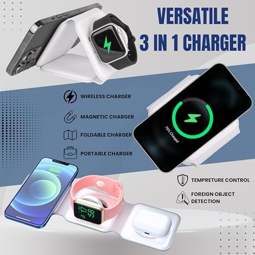 Ultimate Foldable 3-in-1 Wireless Charger Kit for Apple Devices – Fast Charging with 20 W PD Adapter & Portable Carrying Case – Magnetic Alignment for i Phone 15/14/13/12 Pro/Max, Apple Watch & Air Pods – Enhance Travel Convenience and Power Management