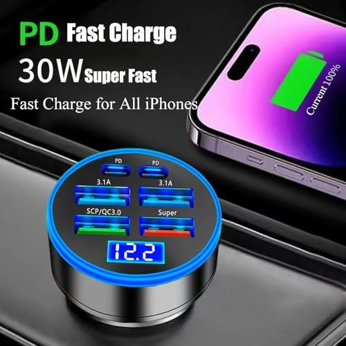 Ultra-Fast 250 W USB-C Car Charger Adapter with Voltage Display – 6-in-1 Multi-Port Solution for i Phone, Samsung Galaxy, Huawei, One Plus, Oppo, and Vivo – Efficient Charging on the Go for Tech-Savvy Drivers