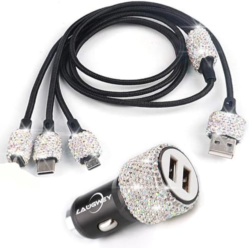 Chic Rhinestone Dual USB Car Charger & 3-in-1 Braided Charging Cable Set – Stylish Bling Accessories for Fast Charging & Enhanced Compatibility – Perfect for Women’s Vehicles in Silver
