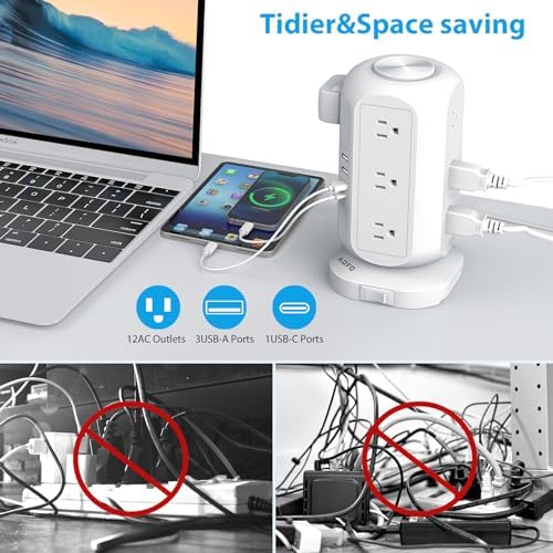 Revolutionize Your Charging Experience with the AOFO Power Strip Tower: 12 AC Outlets & 4 USB Ports (1 USB-C) Surge Protector with 10 Ft Extension Cord, Overload Protection, and Bulky Plug Compatibility for Home, Office, and Dorm Efficiency.