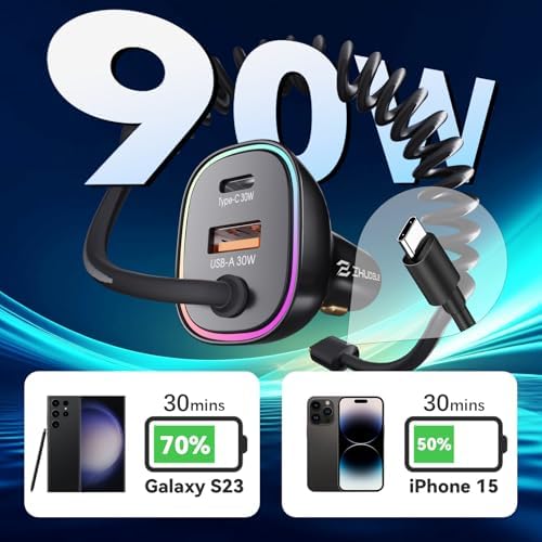 High-Power 90 W USB-C Car Charger for i Phone 16 Pro & Samsung Galaxy – Fast PD & QC 3.0 Charging with 4 ft Coiled Cable, Multi-Port Compatibility for Ultimate Convenience on the Go – Perfect for Long Trips and Daily Commuting