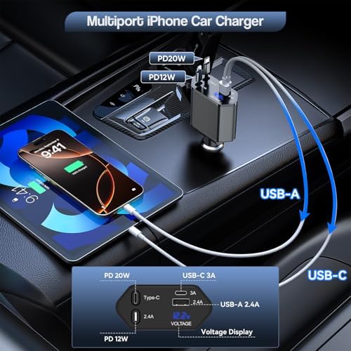 High-Performance i Phone Car Charger – Dual-Port 38 W USB-C & QC3.0 Fast Charging Adapter with 2 Lightning Cables, MFi Certified for i Phone 14, 13 Pro Max, 12, 11, X – Sleek Grey Design for Enhanced Compatibility and Efficiency on the Road