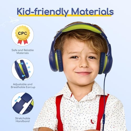 Kid-Friendly Foldable Wired Headphones with Microphone – Volume Limiting Safety (85/94 d B) for Hearing Protection, Share Port for Collaborative Audio, Ideal for Tablets, PCs, and School Use – Enhanced Type C Compatibility for Optimal Sound Quality and Comfort