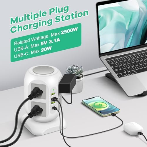 Ultimate 8-Outlet Power Strip Tower with 15 FT Extension Cord | Compact Surge Protector with 4 USB Ports & 20 W USB-C Fast Charging | Space-Saving Desk Organizer for Office & Home | Enhanced Compatibility for All Devices