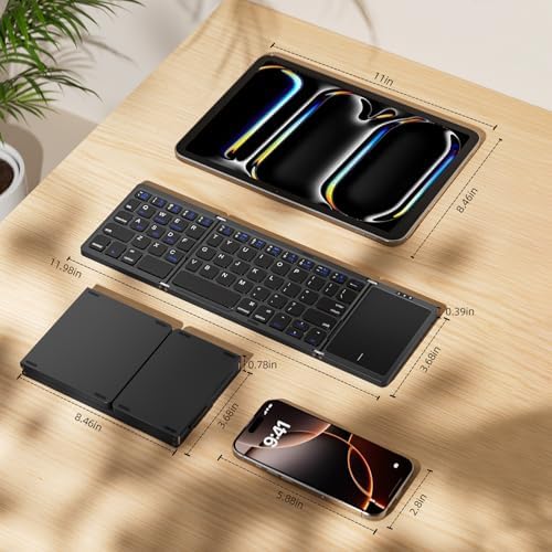 Ultra-Slim Foldable Bluetooth Keyboard with Touchpad – Portable Wireless Keyboard for Travel, Multi-Device Compatibility with Android, Windows, i OS – Lightweight Pocket-Sized Design with Built-in Stand for Effortless Typing on the Go