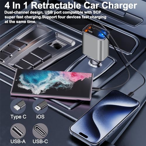 Ultra-Compact 4-in-1 Retractable Car Charger – Dual Type-C and USB Ports, Super Fast Charging for Samsung Galaxy Note Series and More – Multi-Device Convenience for Road Trips and Daily Commutes
