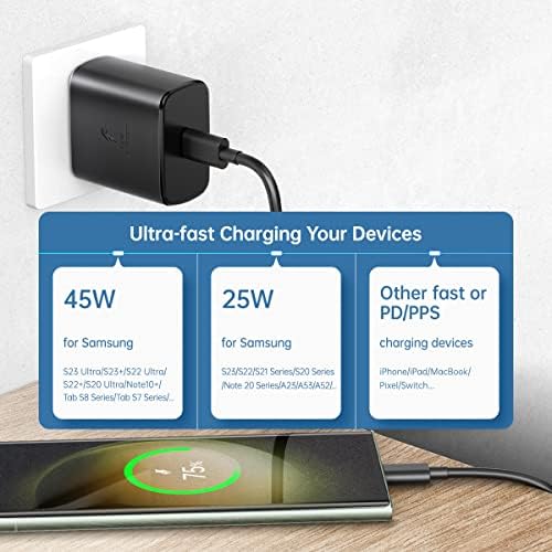 45 W Ultra-Fast Samsung Charger with 6.6 ft Type-C Cable | Power Delivery & Programmable Power Supply for Galaxy S25, S24, S23, S22 Ultra Plus, S21, Note 10, 20, A25, A15, A53, A52, Xcover 6, 7, Z Fold & Flip | Efficient Charging Block for Enhanced Device Longevity | Sleek Black Design for Modern Aesthetics