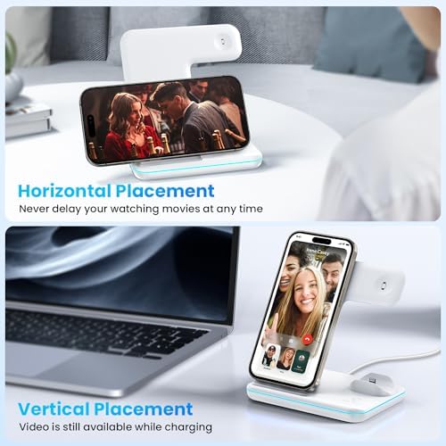 WAITIEE 3-in-1 Wireless Charging Station for i Phone, Apple Watch & Air Pods – Fast, Stylish Blue Charger with Enhanced Compatibility for i Phone 16, 15, 14, 13, 12, 11, X, 8 & Air Pods Pro – Ultimate Travel-Friendly Charging Solution with Safety Features
