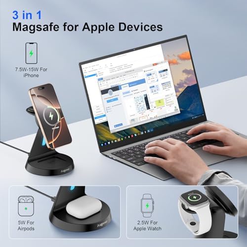 Enhanced 3-in-1 Magnetic Wireless Charging Station with 15 W Fast Charging for i Phone 16/15/14/13/12 Series, Apple Watch, and Air Pods – Ergonomic Design, Adjustable Viewing Angles, and Advanced Safety Features for Optimal Device Care