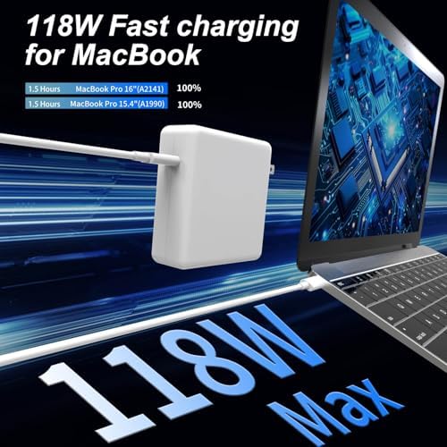 Ultra-Fast 118 W USB-C Power Adapter for Mac Book Pro & Air – High-Efficiency PD 3.0 Charger with 6.6 ft Cable, Compatible with M1-M4 Models, i Phone 16/15, and All Type-C Devices, Intelligent Safety Features for Rapid and Reliable Charging Performance