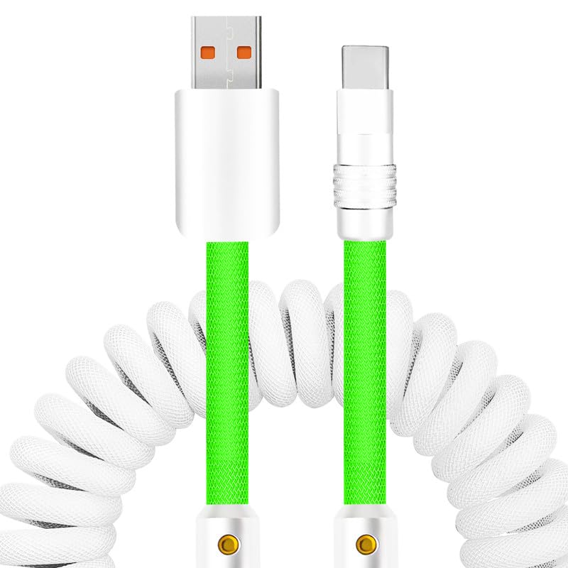 Experience Unmatched Charging Versatility with the Chubbycable Curly Chubby – 240 W High-Speed Retractable USB-C Cable, Extends 2.29 to 3.6 FT, Ideal for Car Play & Android Auto, Stylish Dark Blue and Green Coiled Design for Effortless Organization and Durability