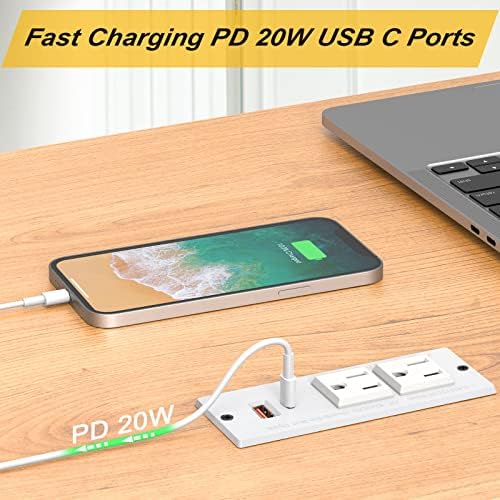Recessed Power Grommet with Dual 20 W USB C Ports and 6 FT Extension Cord – Versatile Desk Power Socket with 2 AC Outlets for Seamless Integration into Cabinets, Drawers, or Nightstands – ETL Listed for Safety and Enhanced Charging Efficiency – Ideal for Organized Home Offices and Modern Living Spaces