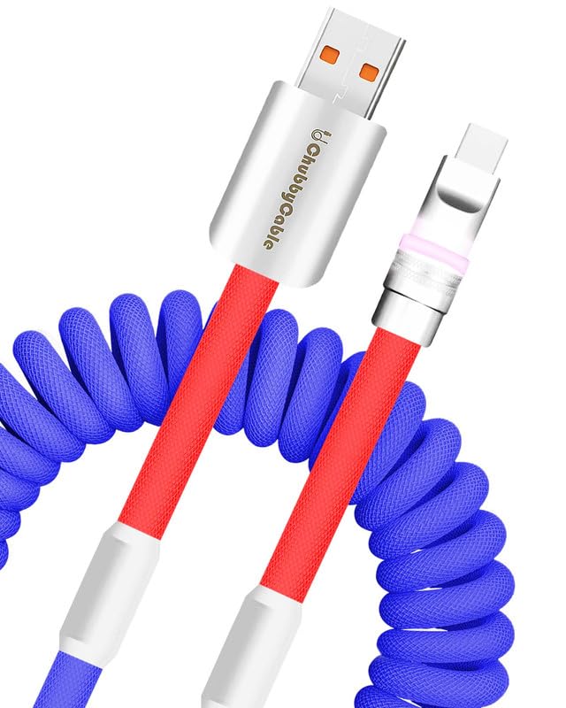 Neon Chubby Spiral Charge Cable – Vibrant 2.29-3.6 FT Type-C Coiled Charger for USB-C and Carplay Devices, Fast Sync and Charge, Tangle-Free Design in Bold Purple and Light Green, Perfect for Smartphones and Tablets