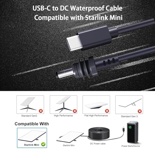 Starlink Mini USB C to DC Power Cable,5M/16.4FT, PD 20V Type C to DC Male Cord, Waterproof,Fireproof,Anti-UV,Compatible with 65W+PD 20V Protocol Power Bank/Source – Enhanced Compatibility and Speed