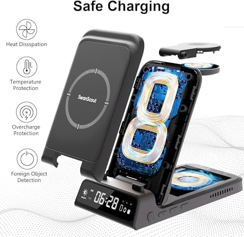 Swan Scout 703 A Premium Multi-Device Wireless Charging Station – Fast, Compact Charger for i Phone 11-16, Apple Watch SE 2-10, and Air Pods Pro 2/4 – Sleek Travel Power Hub for Effortless Device Management and Enhanced Compatibility