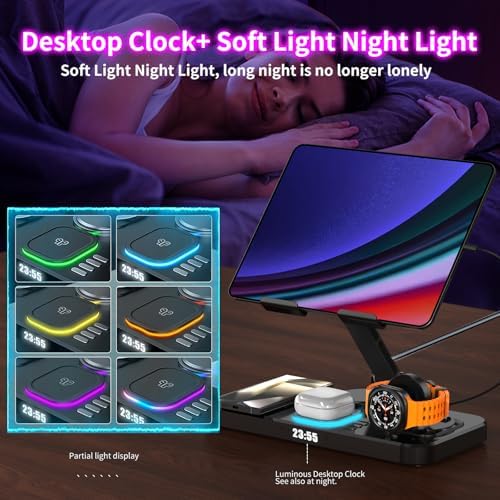 Ultimate 6-in-1 Magnetic Wireless Charging Station for Samsung Devices – Multi-Device Charger Dock with Night Light & Alarm Clock for Galaxy S25/S24/S23/Note 20/Fold7/Flip7, Galaxy Watch 7/6/5 Pro/Ultra, Galaxy Buds & Tablets – Portable & Fast Charging Solution for Home & Travel