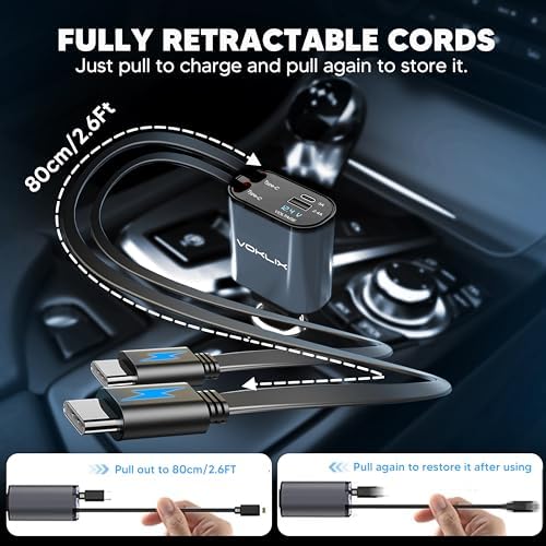 Ultimate 4-in-1 Retractable Car Charger – 66 W High-Speed USB Adapter with 2.6 ft Cables for i Phone 15/14 Pro – Fast Charging, Tangle-Free Design, Dual USB Ports for Multiple Device Compatibility – Ideal Travel Companion for On-the-Go Charging