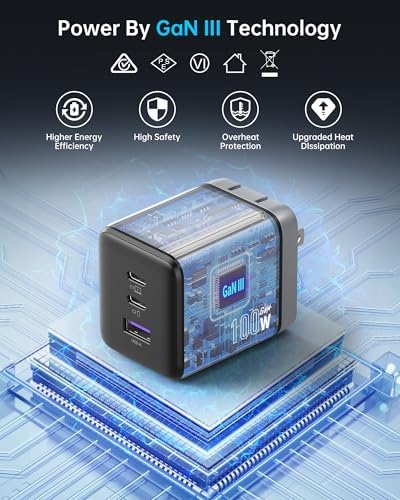 100 W Ga N III USB-C Fast Charger Block – 3-Port Compact Wall Charger for Mac Book Pro/Air, i Phone 16/15, Galaxy S24/S23, i Pad Pro & More – Ultra-Fast 100 W Charging with Advanced Heat Management and Travel-Ready Design – 24-Month Warranty Included