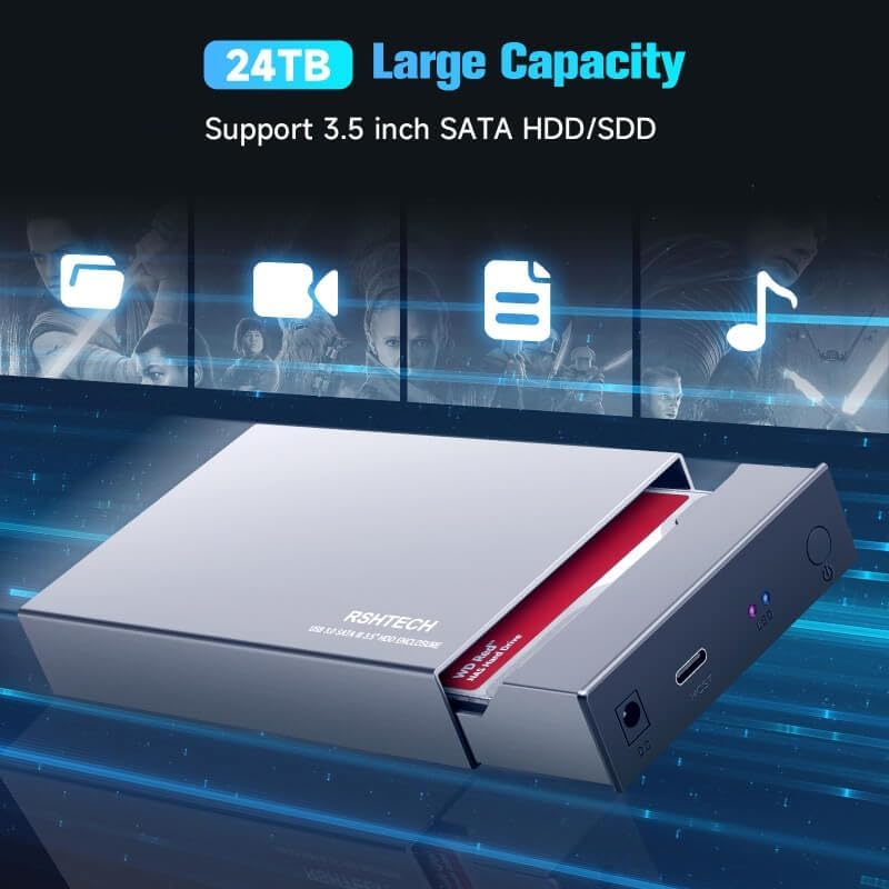 RSHTECH 3.5-Inch Aluminum USB 3.1 Gen 1 HDD Enclosure with Type C to SATA Connectivity – Ultra-Fast External Dock Case for 16 TB Drives, Perfect for SSD and HDD Data Management, Quick Setup & Enhanced Durability