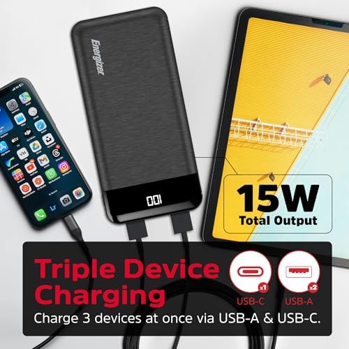 Energizer 20000 m Ah Power Bank: Ultra-Portable Fast Charging Battery Pack with LCD Display for i Phone 16/15/14/13/12 and Android Devices – Dual USB Output for Simultaneous Charging, Lightweight Design for Travel and Daily Use