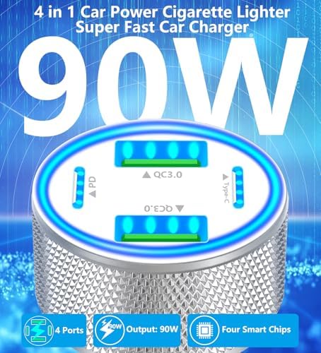 KYOHAYA 90 W Car Charger Bundle – 4-Port USB-C & USB-A Fast Charging Adapter for i Phone 16/15/14/13/12/11 Pro, Galaxy S25/S24, Google Pixel – High-Speed Dual Charging Solution for Road Trips and Daily Commutes – Durable, Compact Design for Enhanced Compatibility and Performance