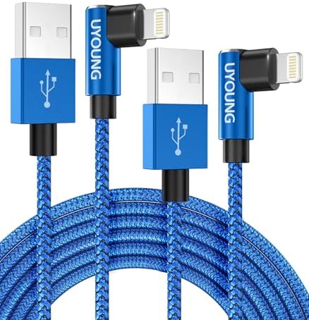 Premium 90 Degree i Phone Lightning Charger Cable 6 FT – MFi Certified Nylon Braided Fast Charging Cord – 2 Pack for i Phone 14/13/12/11/Pro/MAX/X/8/7/6/5/SE – Right Angle Design for Comfort & Durability – Quick Charge Compatibility for i Pad & i Phone Devices