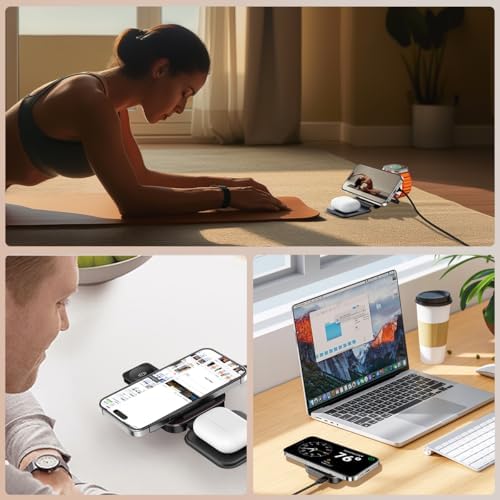 Revolutionary 3-in-1 Mag Safe Charging Station: Ultra-Fast 15 W Magnetic Wireless Charger for i Phone 16/15/14/13/12, Air Pods Pro/2/3/4, and All Apple Watch Series – Compact Foldable Travel Design for Effortless Device Powering and Enhanced Compatibility