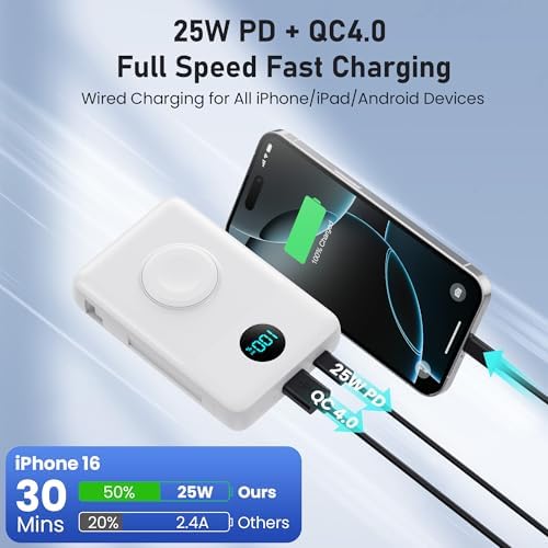 Revolutionary Magnetic Portable Charger for i Phone – 6-in-1 Power Bank with 10,800 m Ah Capacity, Built-in Cables, Apple Watch Charger, and LCD Display – 25 W PD Fast Charging for i Phone 16/15/14/13/12 and Mag Safe Compatibility – Ultimate On-the-Go Charging Solution